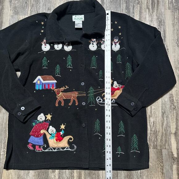 Quacker Factory Black Christmas Women's Large Fleece Jacket Shacket Snow Scene - Picture 2 of 6